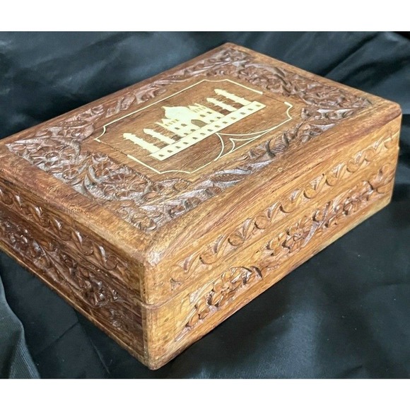 Hand Carved Wooden Box Taj Mahal Inlay Made In India By Archana Handicrafts 7" - Picture 4 of 11